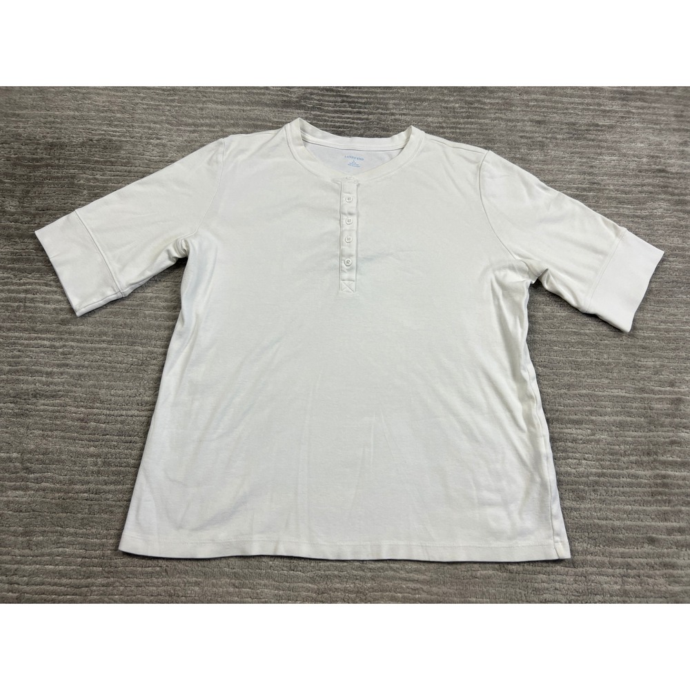 Lands End Henley Top Womens L White Cotton Short Sleeve Button Neck Casual 30925